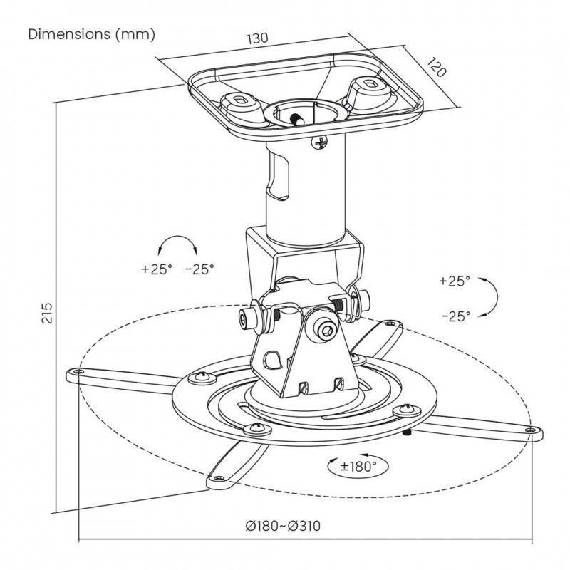 Maclean MC-208 B supporto da soffitto per proiettori, acciaio, 180–310 mm, fino a 15 kg, nero