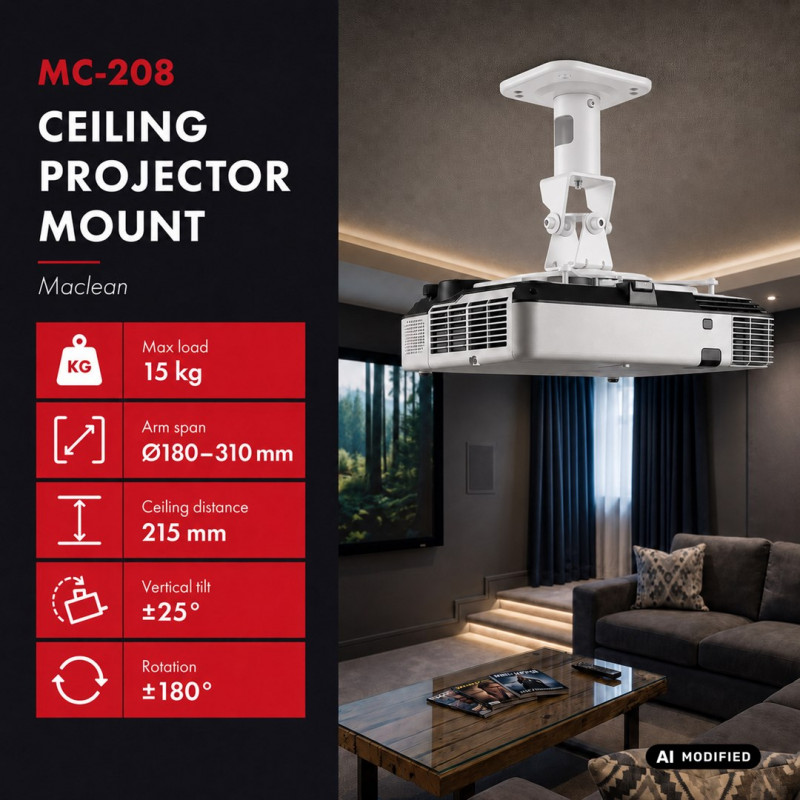 Maclean MC-208 W supporto da soffitto per proiettori, acciaio, 180–310 mm, fino a 15 kg, bianco