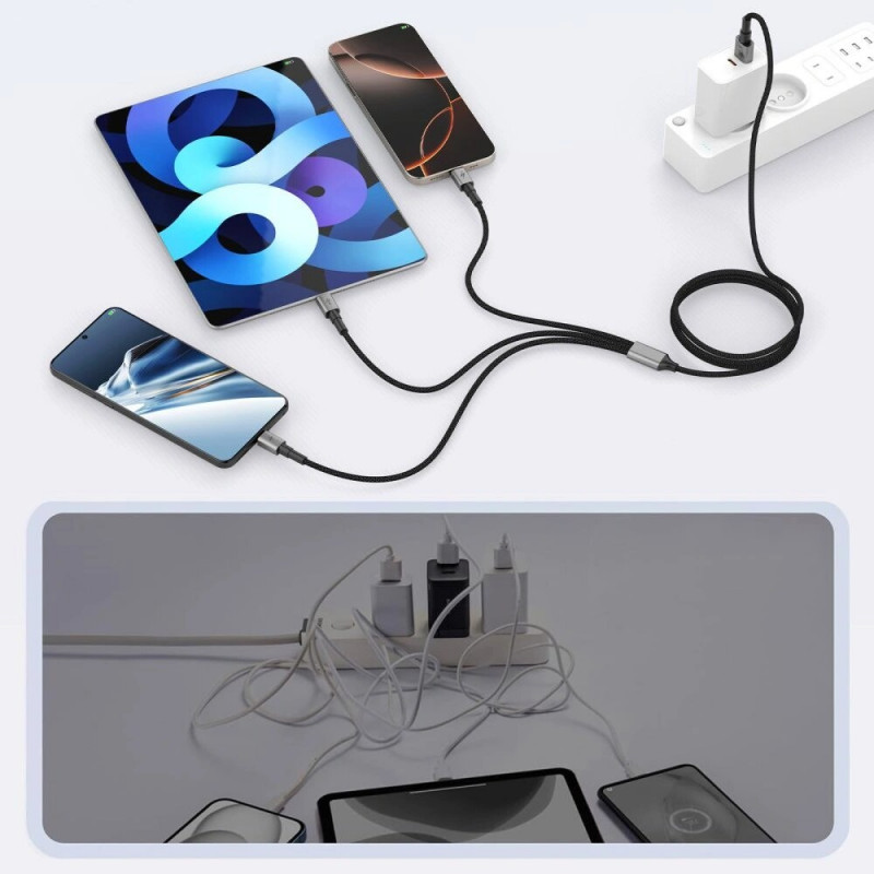 Tech-Protect UltraBoost DNA cavo 3 in 1 da USB-A a Lightning / USB-C / Micro-USB, 3 A, 120 cm, grigio ferro