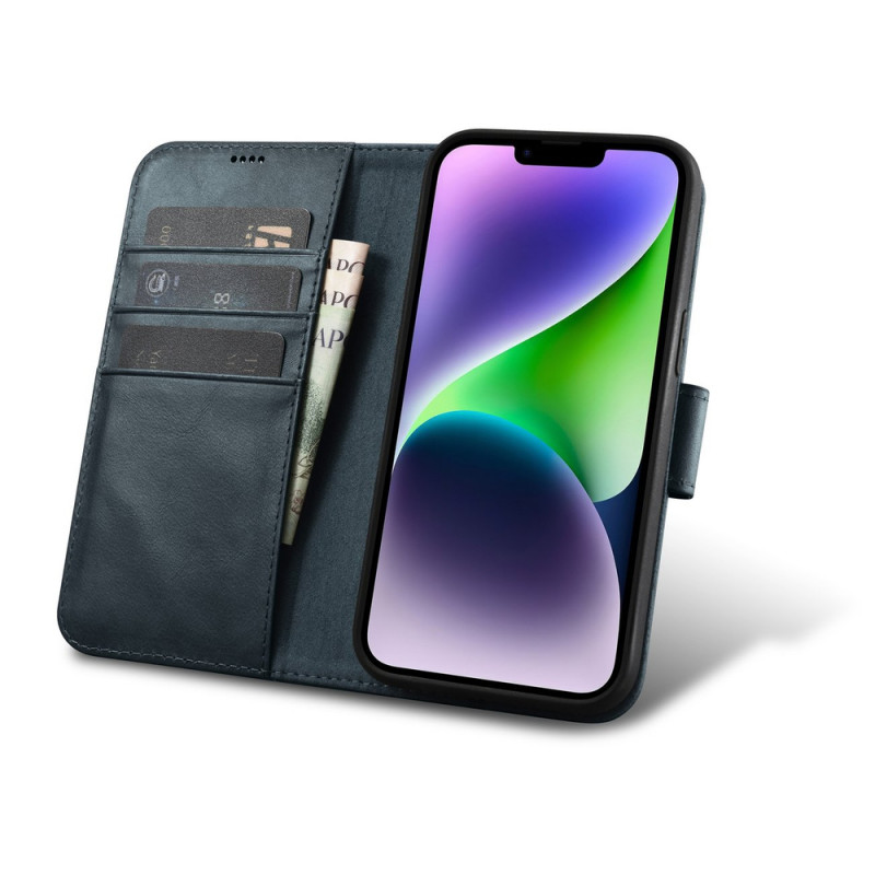 iCarer Oil Wax Wallet Case 2in1 custodia a libro in pelle per iPhone 14 Plus, Anti-RFID, blu (WMI14220723-BU)