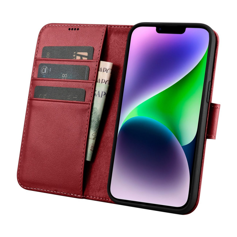 iCarer Wallet Case 2in1 custodia a libro in pelle per iPhone 14 Plus, Anti-RFID, rossa (WMI14220727-RD)