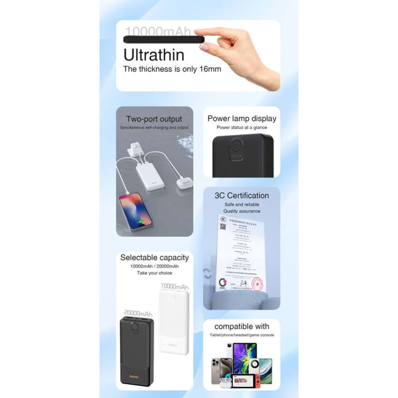 Power bank Dudao K10 10000 mAh, 2 x USB-A, 2,4 A, bianco