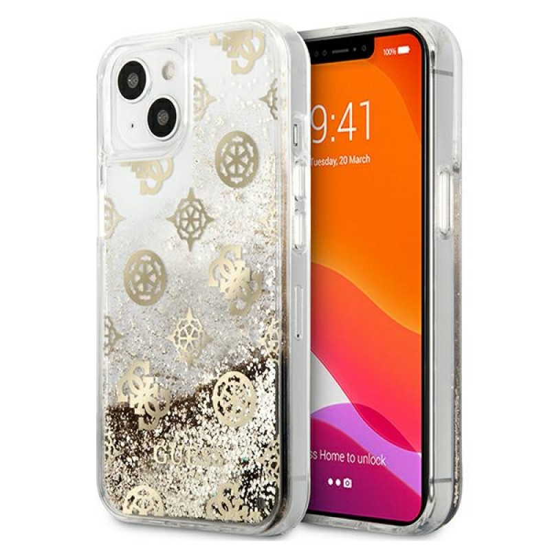 Guess GUHCP13SLGPEGO Custodia rigida per Apple iPhone 13 mini Peony Liquid Glitter, oro