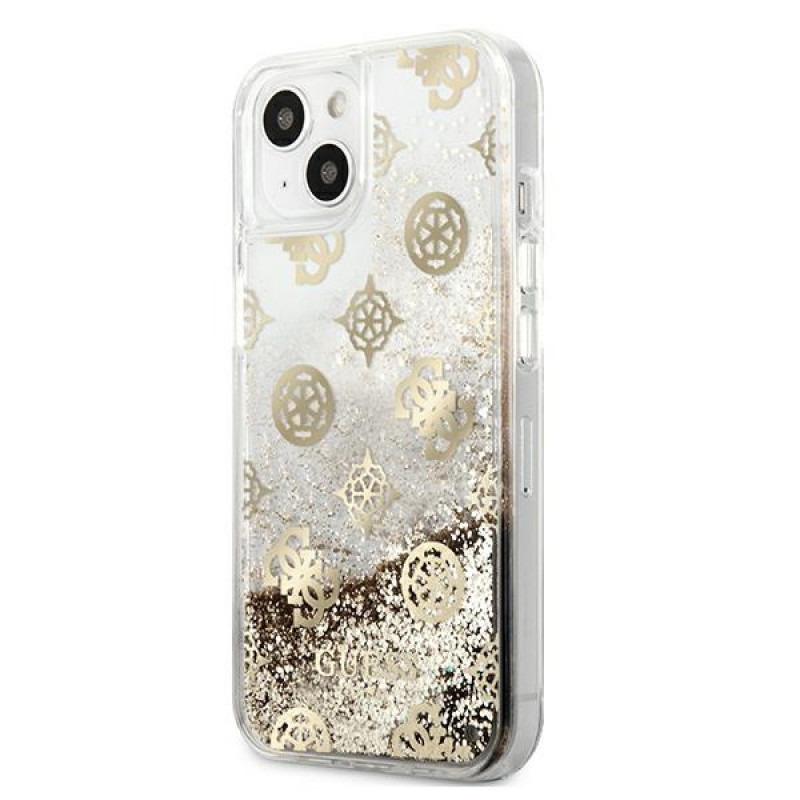 Guess GUHCP13SLGPEGO Custodia rigida per Apple iPhone 13 mini Peony Liquid Glitter, oro