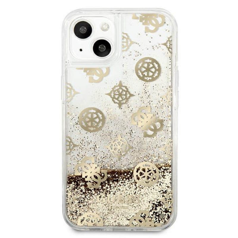 Guess GUHCP13SLGPEGO Custodia rigida per Apple iPhone 13 mini Peony Liquid Glitter, oro