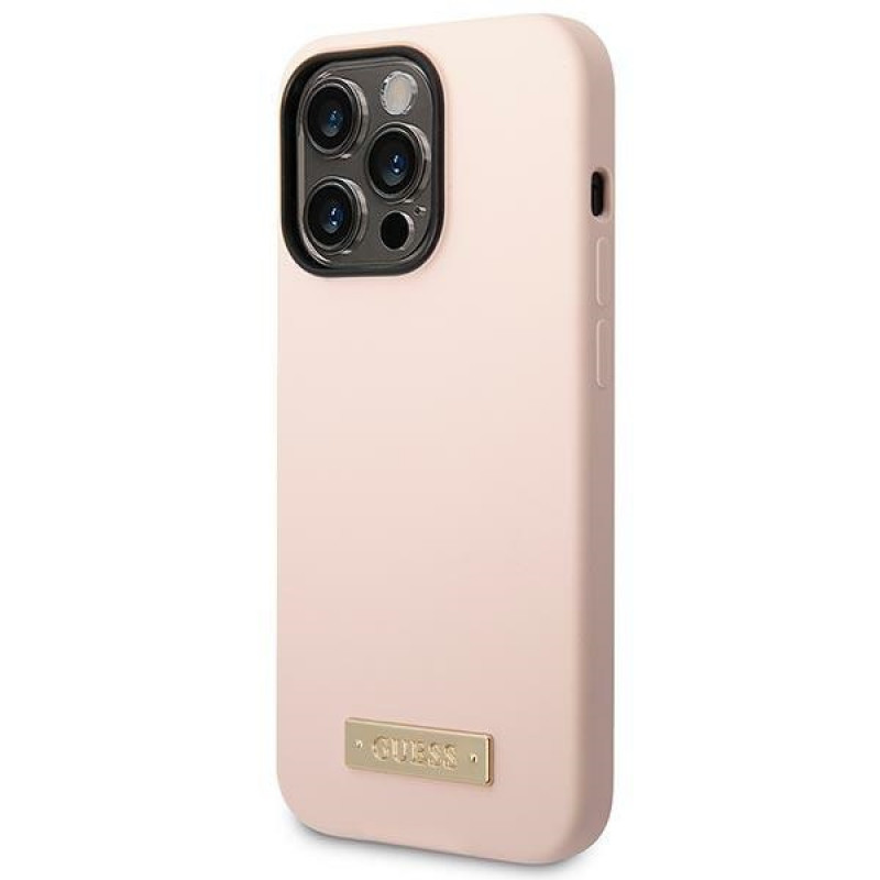 Custodia Guess in silicone con logo in metallo compatibile MagSafe per Apple iPhone 14 Pro, rosa