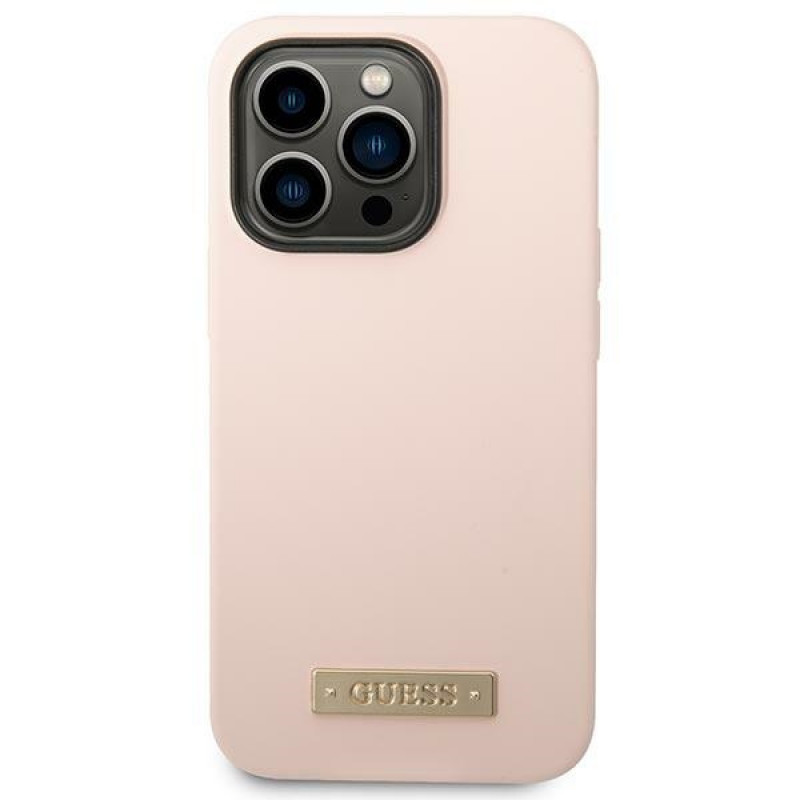Custodia Guess in silicone con logo in metallo compatibile MagSafe per Apple iPhone 14 Pro, rosa