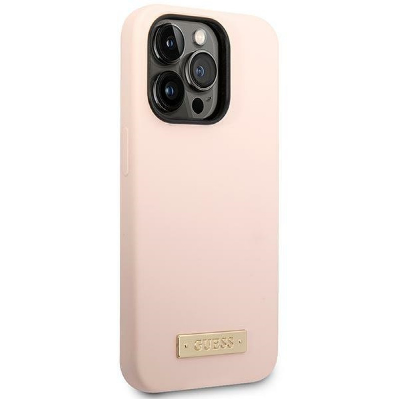 Custodia Guess in silicone con logo in metallo compatibile MagSafe per Apple iPhone 14 Pro, rosa