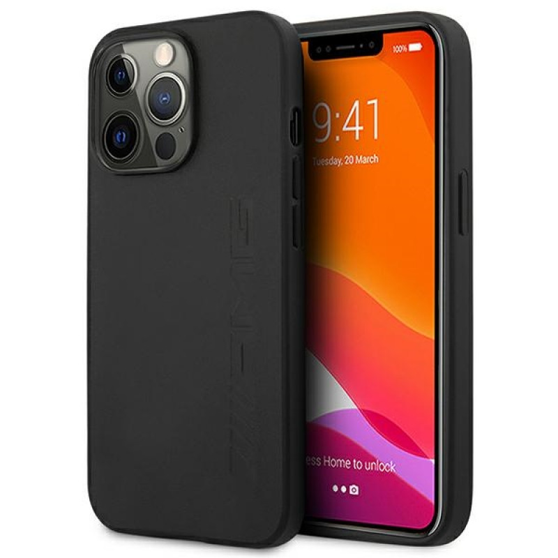 Mercedes-AMG AMHCP14LDOLBK Custodia rigida per Apple iPhone 14 Pro, Leather Hot Stamped, nera