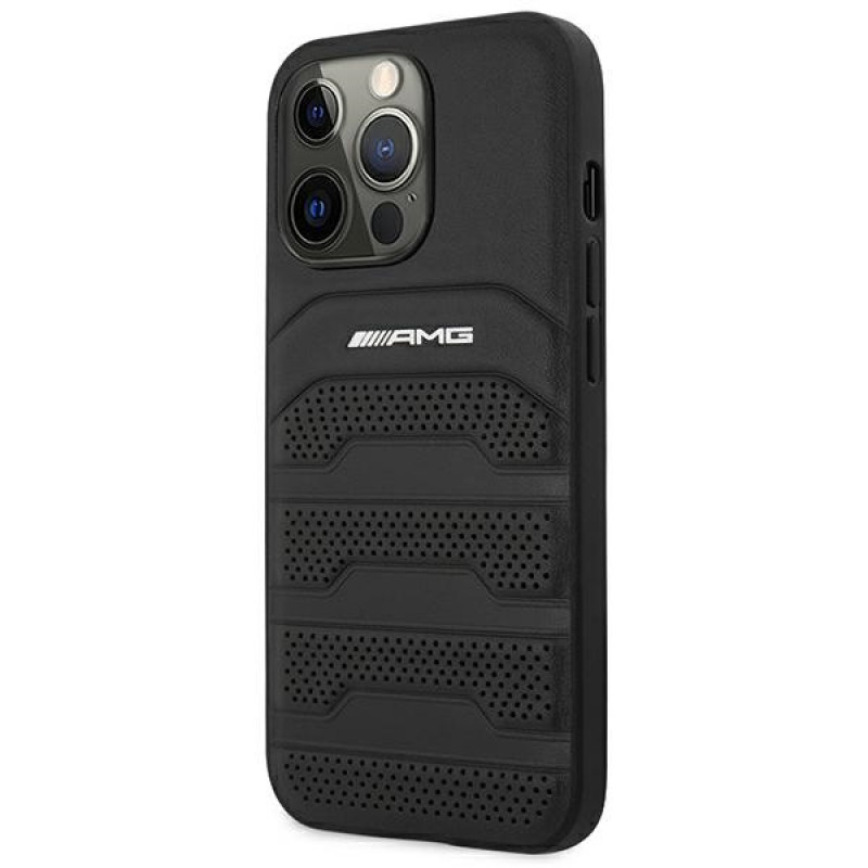 Mercedes-AMG AMHCP14LGSEBK Custodia rigida per Apple iPhone 14 Pro, Leather Debossed Lines, nera