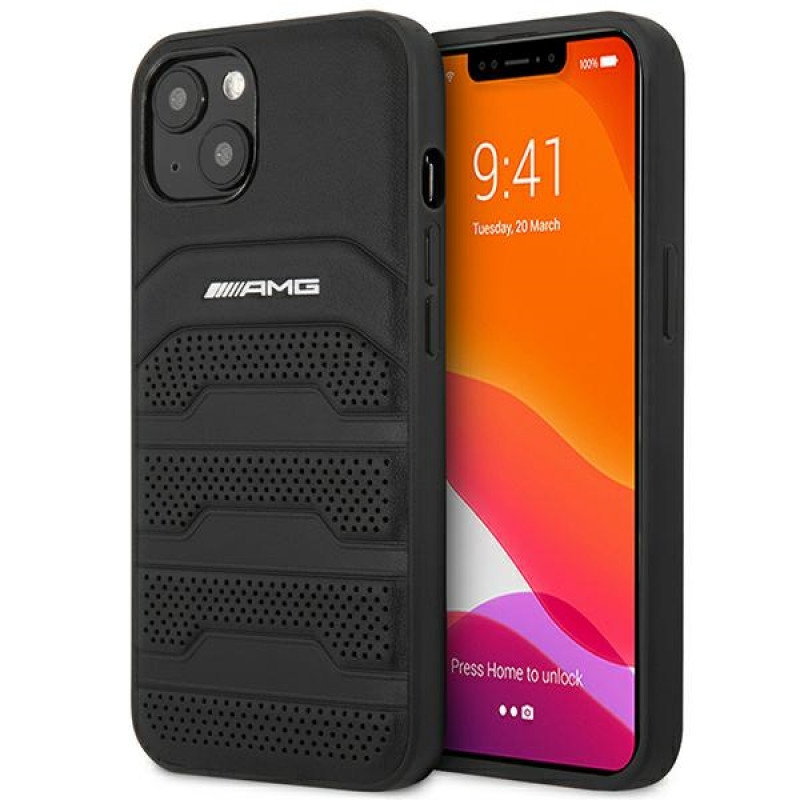 Mercedes-AMG AMHCP14MGSEBK Custodia rigida per Apple iPhone 14 Plus / 15 Plus, Leather Debossed Lines, nera