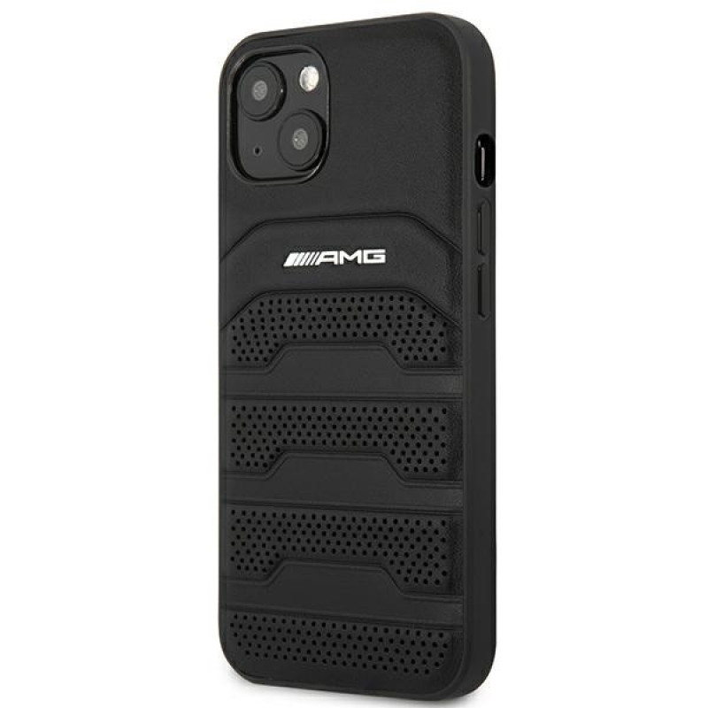 Mercedes-AMG AMHCP14MGSEBK Custodia rigida per Apple iPhone 14 Plus / 15 Plus, Leather Debossed Lines, nera