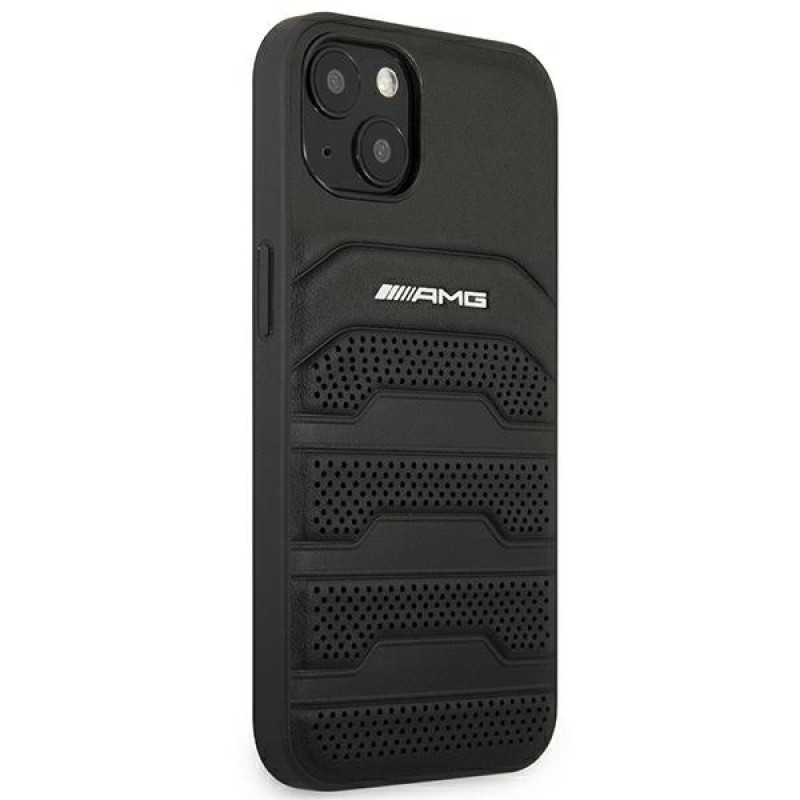 Mercedes-AMG AMHCP14MGSEBK Custodia rigida per Apple iPhone 14 Plus / 15 Plus, Leather Debossed Lines, nera