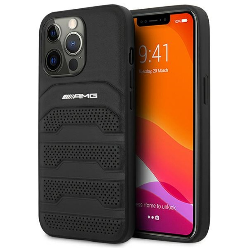 Mercedes-AMG AMHCP14XGSEBK Custodia rigida per Apple iPhone 14 Pro Max, Leather Debossed Lines, nera