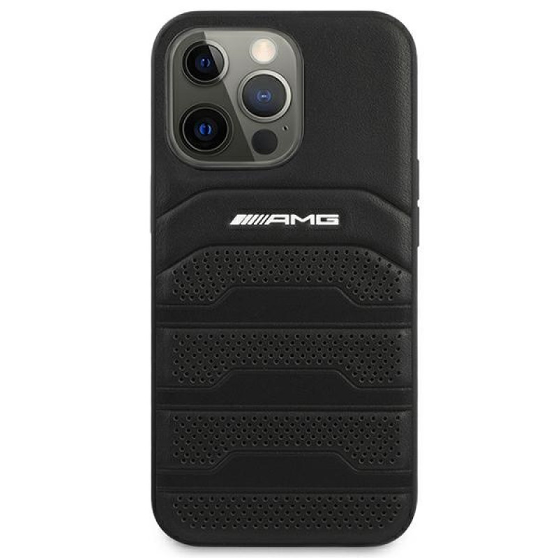 Mercedes-AMG AMHCP14XGSEBK Custodia rigida per Apple iPhone 14 Pro Max, Leather Debossed Lines, nera