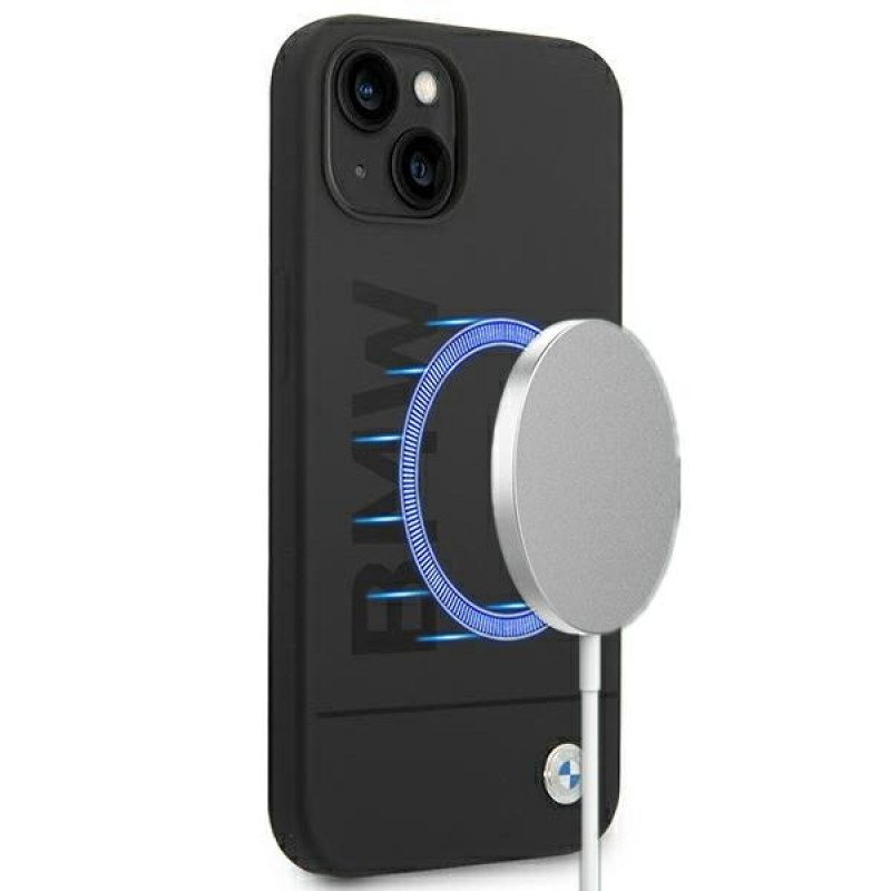 BMW BMHMP14MSLBLBK custodia rigida per Apple iPhone 14 Plus / 15 Plus, Silicone Signature Logo MagSafe, nera
