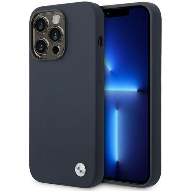 Custodia BMW BMHMP14XSILNA per Apple iPhone 14 Pro Max, Silicone Metal Logo MagSafe, blu navy