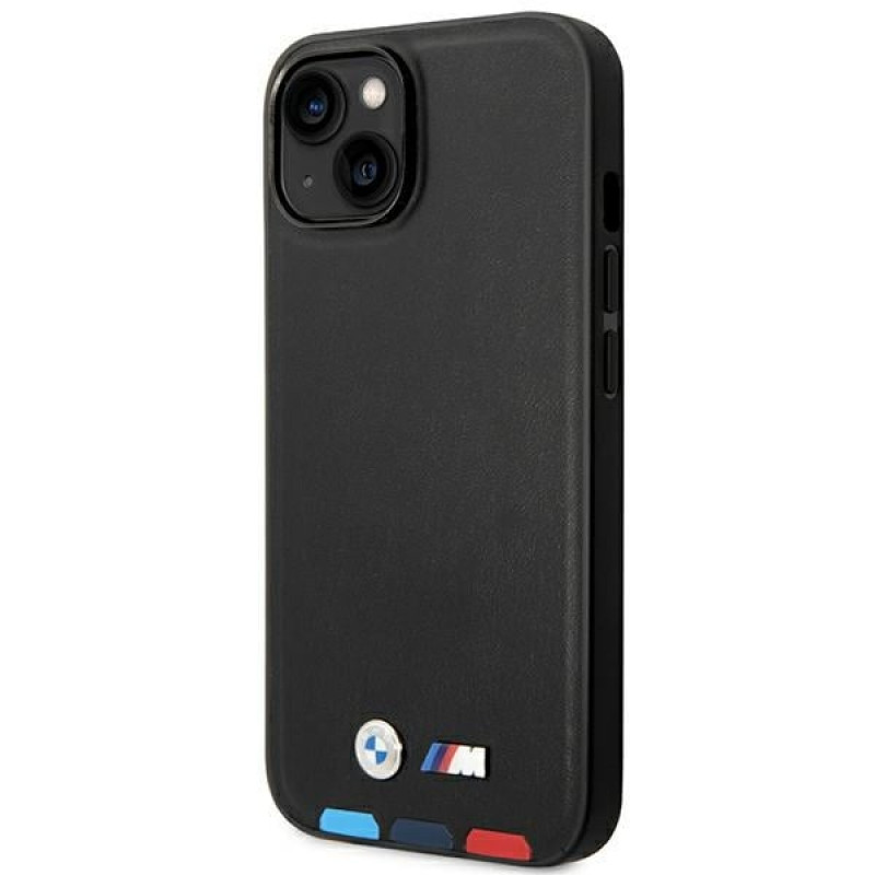 Custodia BMW BMHMP14S22PTDK per Apple iPhone 14, Leather Stamp Tricolor MagSafe, nera