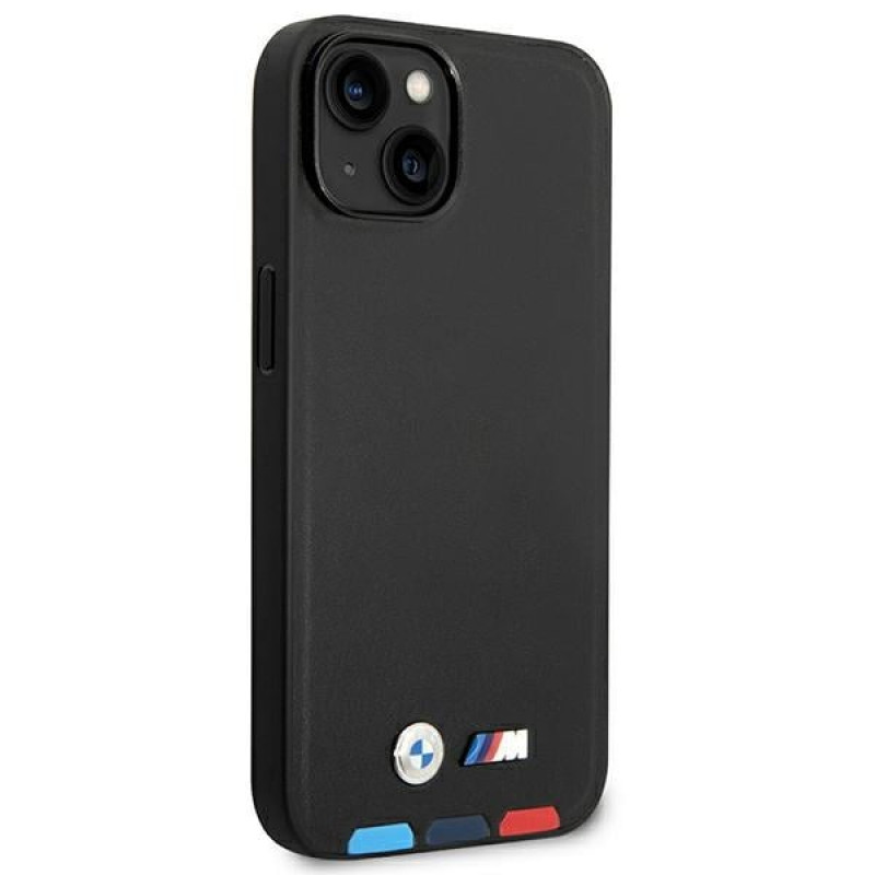 Custodia BMW BMHMP14M22PTDK per Apple iPhone 14 Plus / 15 Plus, Leather Stamp Tricolor MagSafe, nera