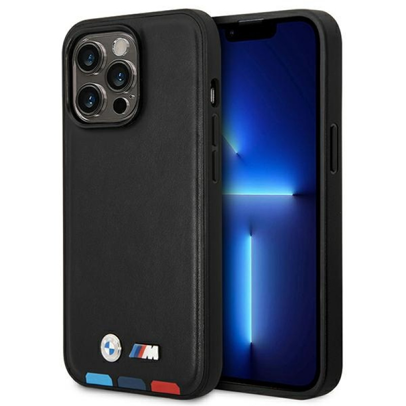 Custodia BMW BMHMP14X22PTDK per Apple iPhone 14 Pro Max, Leather Stamp Tricolor MagSafe, nera