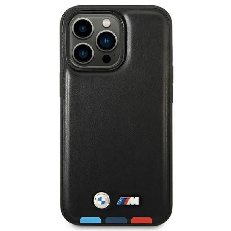 Custodia BMW BMHMP14X22PTDK per Apple iPhone 14 Pro Max, Leather Stamp Tricolor MagSafe, nera