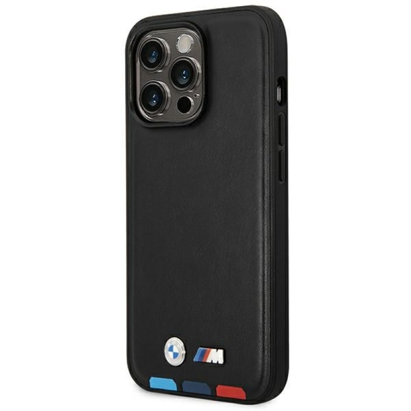 Custodia BMW BMHMP14L22PTDK per Apple iPhone 14 Pro, Leather Stamp Tricolor MagSafe, nera