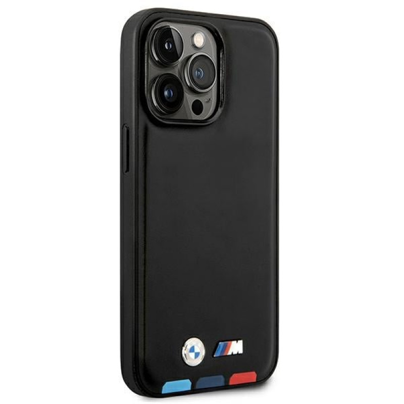 Custodia BMW BMHMP14L22PTDK per Apple iPhone 14 Pro, Leather Stamp Tricolor MagSafe, nera