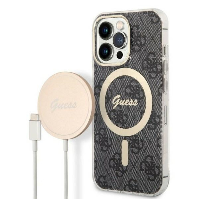 Set custodia + caricatore wireless Guess GUBPP13LH4EACSK per Apple iPhone 13 Pro, custodia rigida nera 4G Print MagSafe