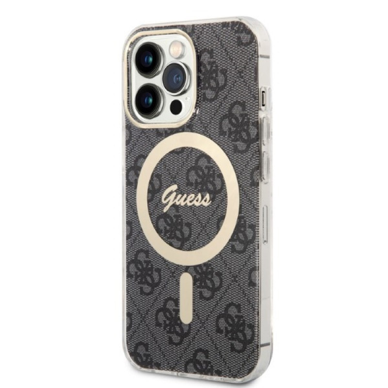 Set custodia + caricatore wireless Guess GUBPP13LH4EACSK per Apple iPhone 13 Pro, custodia rigida nera 4G Print MagSafe