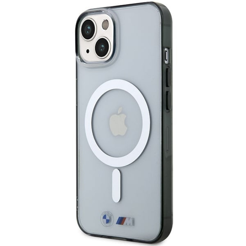 Custodia rigida BMW BMHMP14MHCRS Silver Ring MagSafe per Apple iPhone 14 Plus / 15 Plus, trasparente