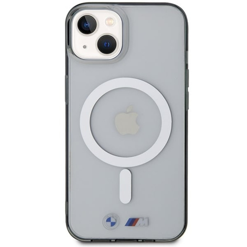 Custodia rigida BMW BMHMP14MHCRS Silver Ring MagSafe per Apple iPhone 14 Plus / 15 Plus, trasparente