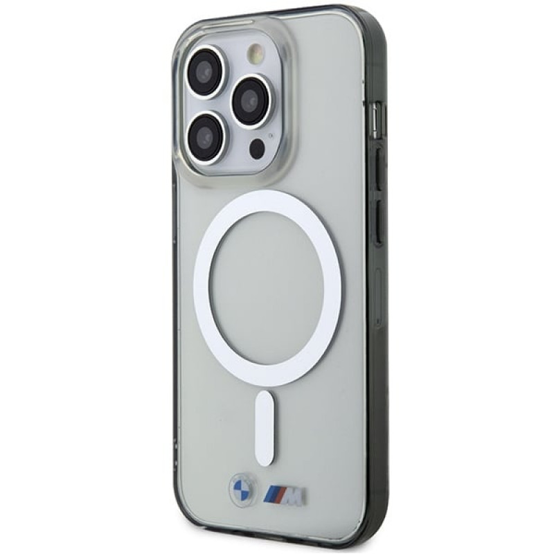 Custodia rigida BMW BMHMP14LHCRS Silver Ring MagSafe per Apple iPhone 14 Pro, trasparente