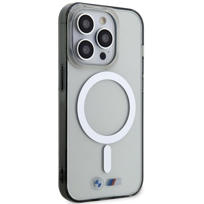 Custodia rigida BMW BMHMP14LHCRS Silver Ring MagSafe per Apple iPhone 14 Pro, trasparente