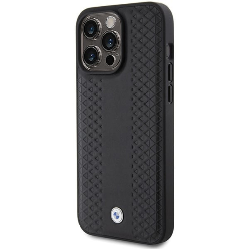 Custodia in pelle con motivo a diamante BMW BMHCP15L22RFGK per Apple iPhone 15 Pro, nera