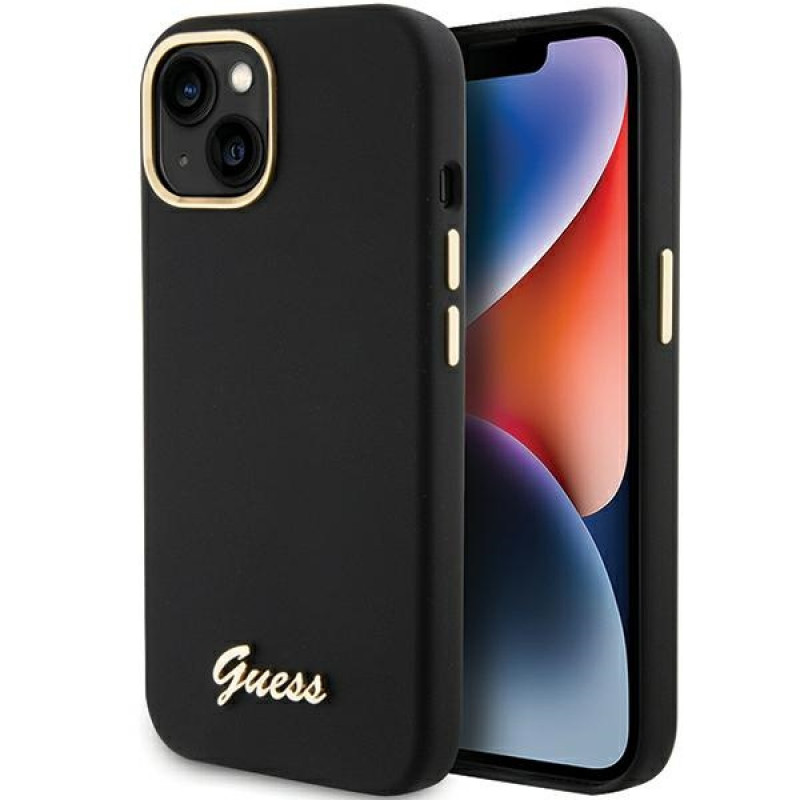 Custodia rigida Guess GUHCP15SSMBSLK Silicone Script Metal Logo & Frame per Apple iPhone 15 / 14 / 13, nera