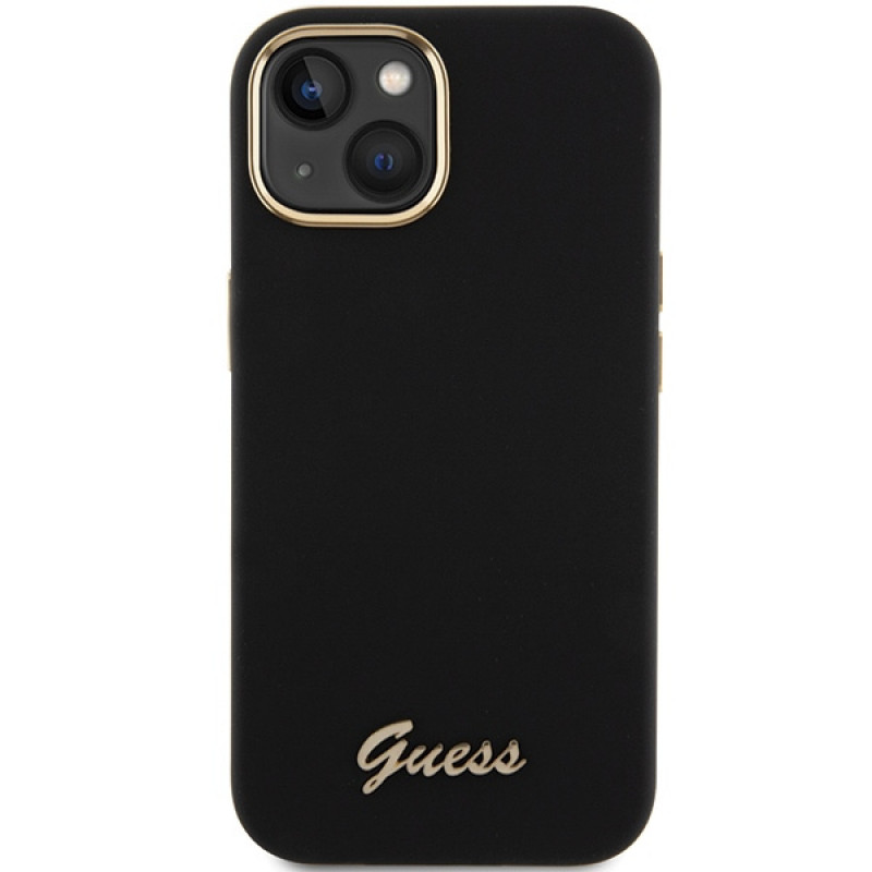 Custodia rigida Guess GUHCP15SSMBSLK Silicone Script Metal Logo & Frame per Apple iPhone 15 / 14 / 13, nera
