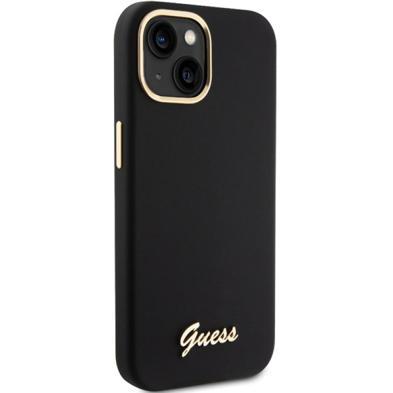 Custodia rigida Guess GUHCP15SSMBSLK Silicone Script Metal Logo & Frame per Apple iPhone 15 / 14 / 13, nera