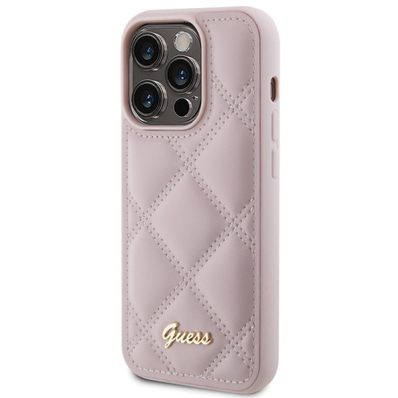 Custodia rigida Guess GUHCP15LPSQSQSP Quilted Metal Logo per Apple iPhone 15 Pro, rosa