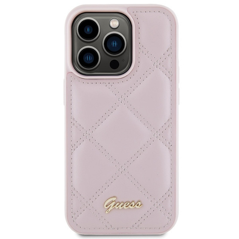 Custodia rigida Guess GUHCP15LPSQSQSP Quilted Metal Logo per Apple iPhone 15 Pro, rosa
