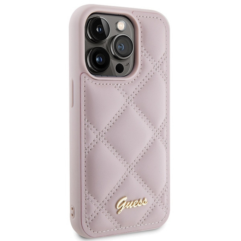 Custodia rigida Guess GUHCP15LPSQSQSP Quilted Metal Logo per Apple iPhone 15 Pro, rosa