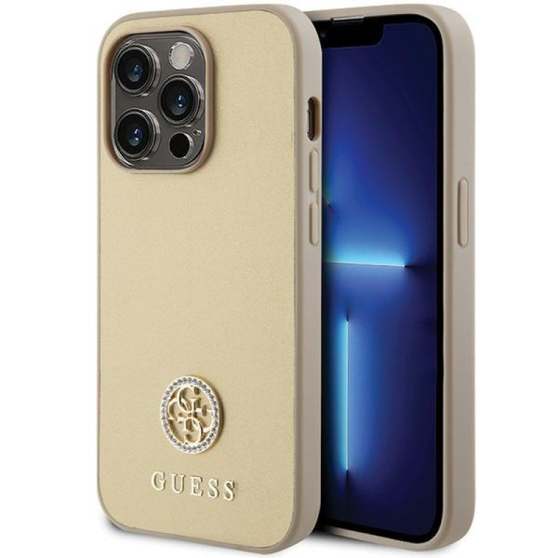 Custodia Guess GUHCP15LPS4DGPD PU 4G Strass Metal Logo per Apple iPhone 15 Pro, oro