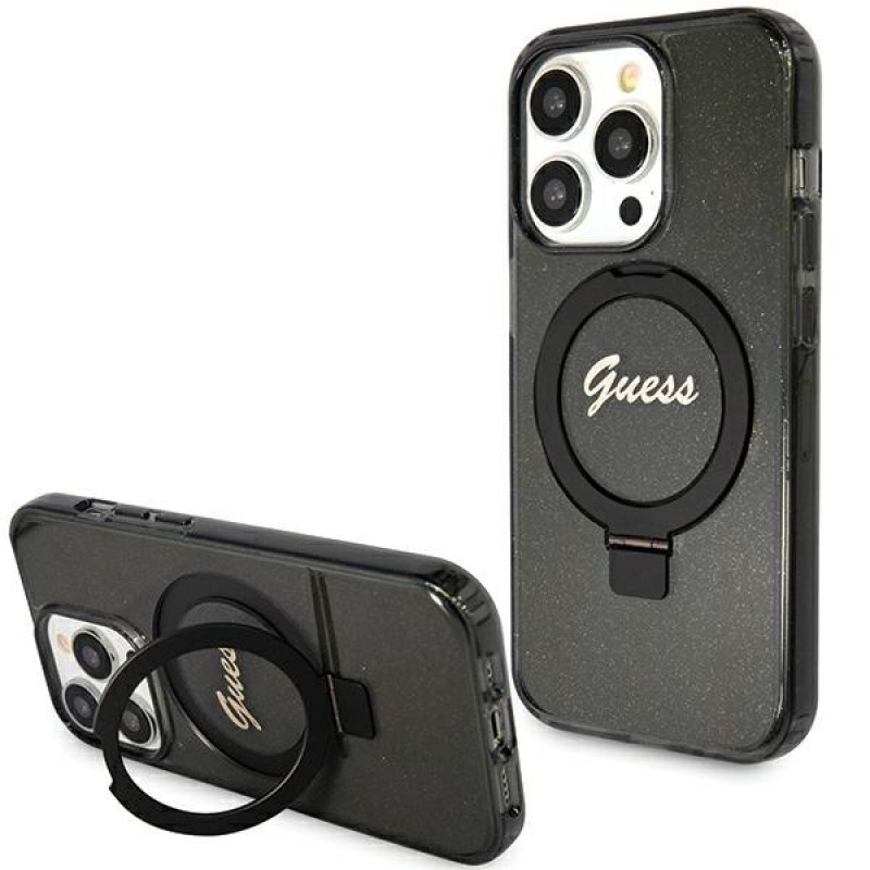 Custodia rigida MagSafe Ring Stand Script Glitter Guess GUHMP15LHRSGSK per Apple iPhone 15 Pro, nera