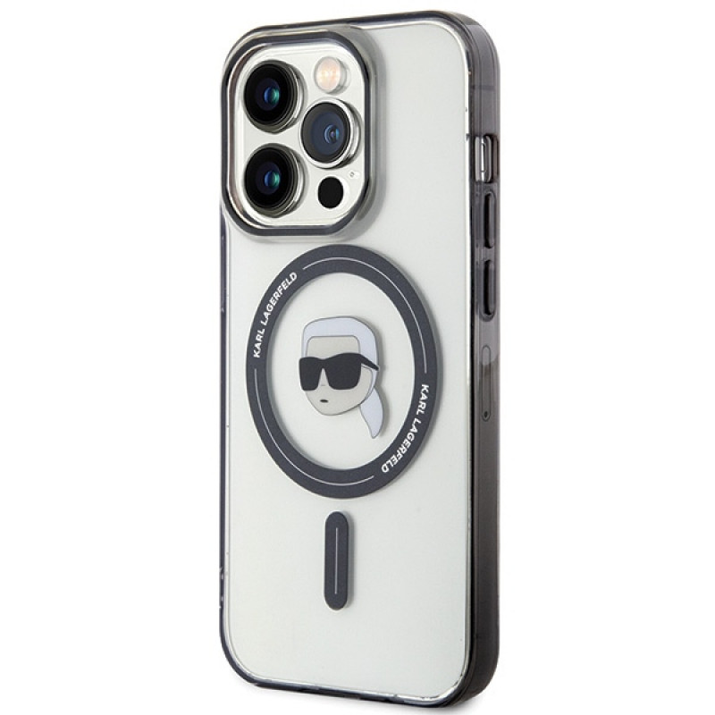 Karl Lagerfeld KLHMP15LHKHNOTK IML Karl's Head MagSafe custodia rigida per Apple iPhone 15 Pro, trasparente