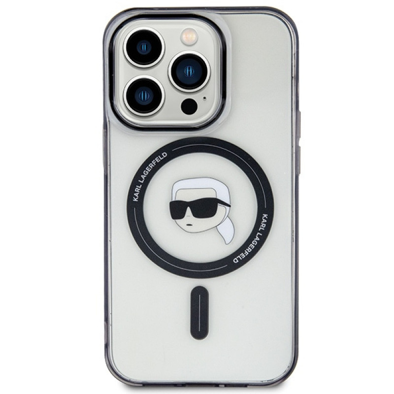 Karl Lagerfeld KLHMP15LHKHNOTK IML Karl's Head MagSafe custodia rigida per Apple iPhone 15 Pro, trasparente