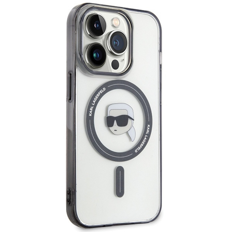 Karl Lagerfeld KLHMP15LHKHNOTK IML Karl's Head MagSafe custodia rigida per Apple iPhone 15 Pro, trasparente