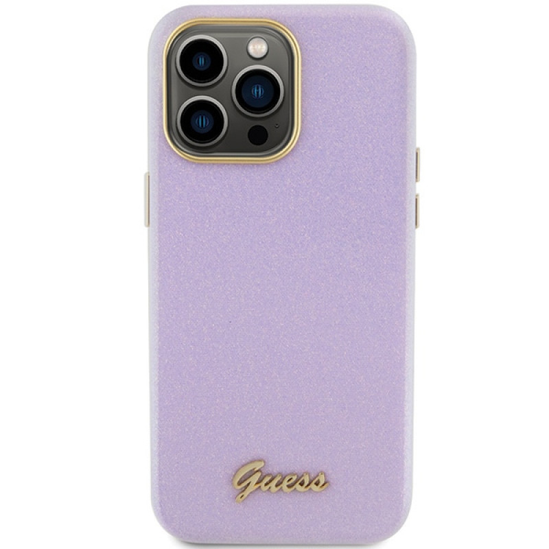 Guess GUHCP15XPGMCSL Custodia rigida Glitter Glossy Script per Apple iPhone 15 Pro Max, lilla