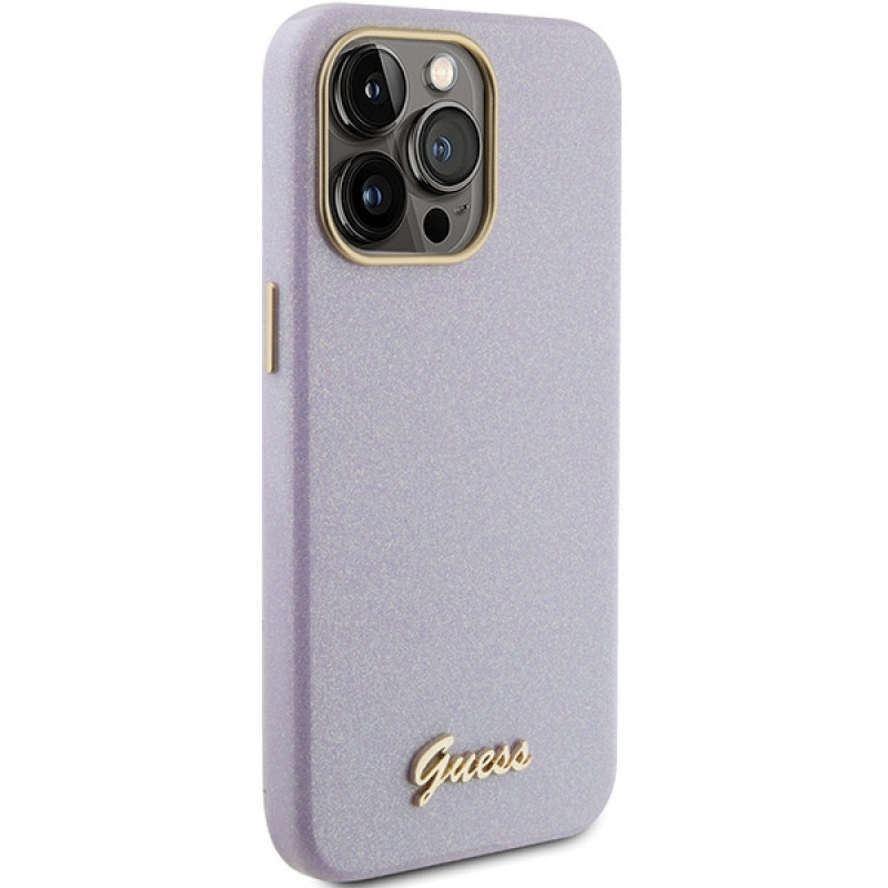 Guess GUHCP15XPGMCSL Custodia rigida Glitter Glossy Script per Apple iPhone 15 Pro Max, lilla