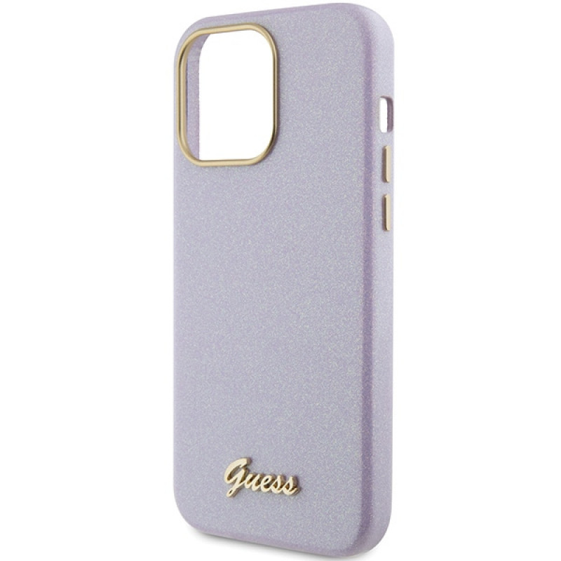 Guess GUHCP15XPGMCSL Custodia rigida Glitter Glossy Script per Apple iPhone 15 Pro Max, lilla
