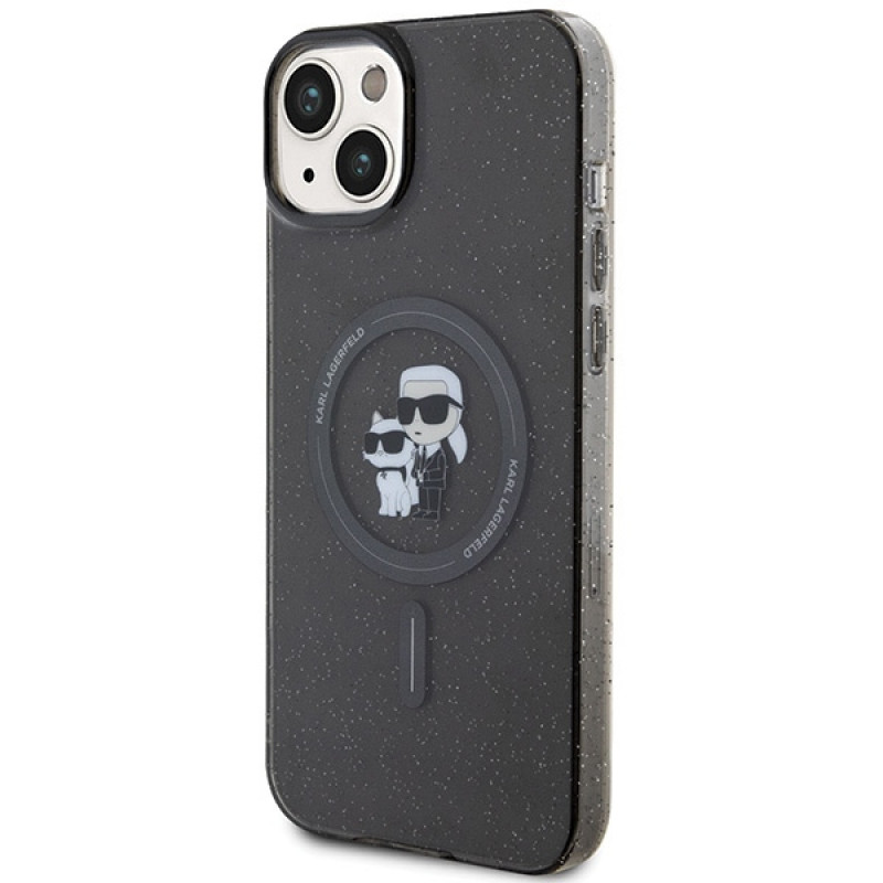 Custodia rigida MagSafe Glitter Karl&Choupette Karl&Choupette per Apple iPhone 15, nera Karl Lagerfeld KLHMP15SHGKCNOK