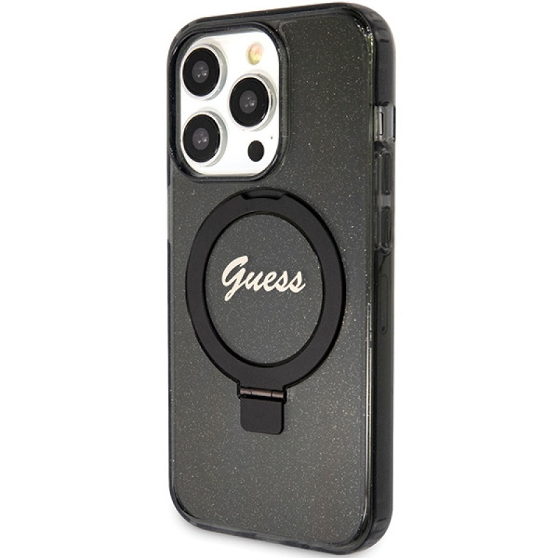 Custodia rigida Guess GUHMP15XHRSGSK Ring Stand Script Glitter MagSafe per Apple iPhone 15 Pro Max, nera
